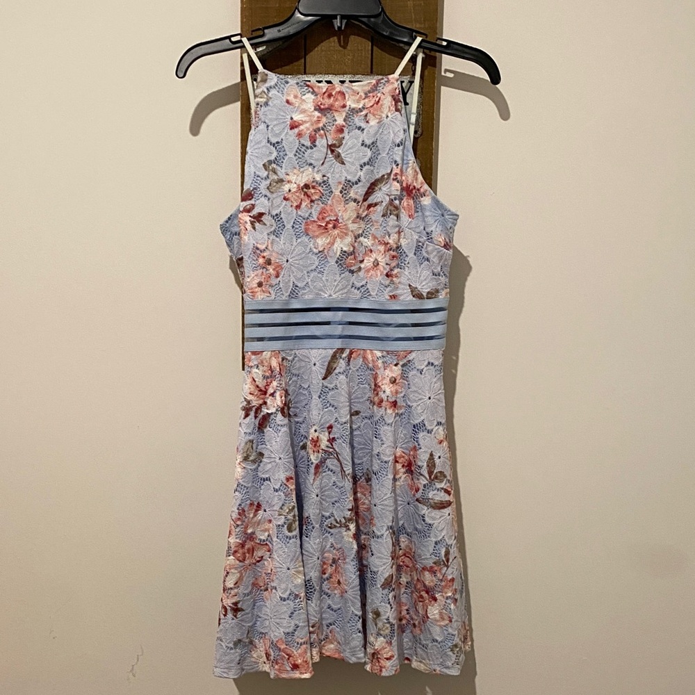 Chic Floral Lace Dress in Blue and Pink